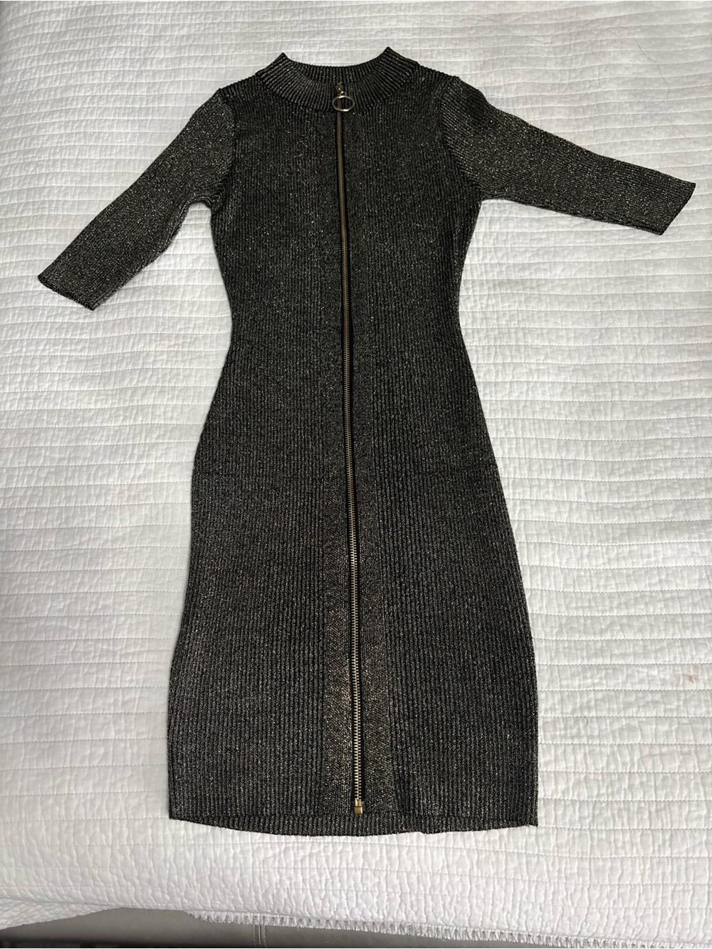 Say What?  Metallic Charcoal Ribbed Knit Zip Front Bodycon Dress M - Picture 2 of 2